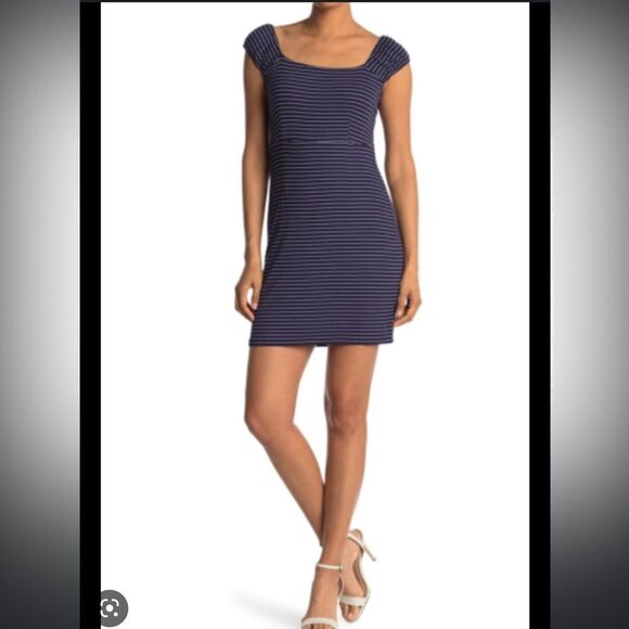 NWT NSR Navy/White Stripe Smocked Back Body Con Mini Dress - Picture 1 of 7